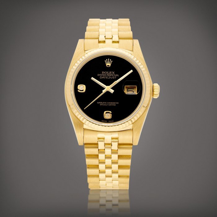Rolex DateJust, Reference 16018 | A yellow gold and diamond-set wristwatch with date, onyx dial and bracelet, Circa 1978 | 勞力士 | DateJust 型號16018 | 黃金鑲鑽石鏈帶腕錶，備日期顯示及瑪瑙錶盤，約1978年製 · 16018