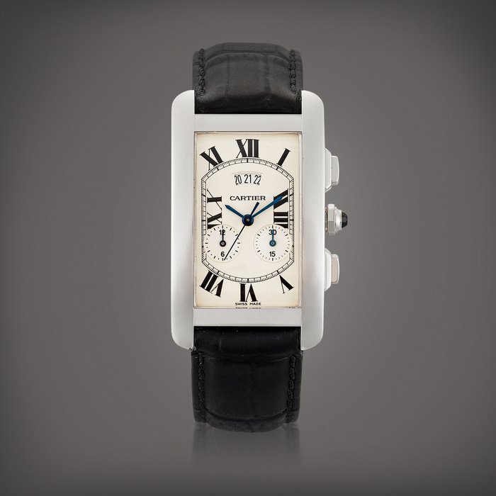 Cartier Tank Américaine, Reference 2569 | A white gold chronograph wristwatch with date, Circa 2010 | 卡地亞 | Tank Américaine 型號2569 | 白金計時腕錶，備日期顯示，約2010年製 · 2569