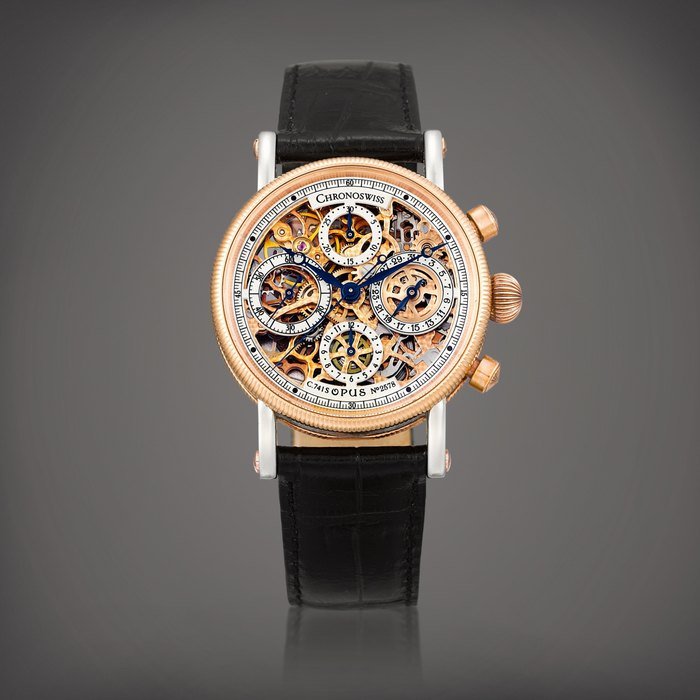 Chronoswiss Opus, Reference CH 7522 | A pink gold and stainless steel skeletonised chronograph wristwatch with date, Circa 2007 | Opus 型號CH 7522 | 粉紅金及精鋼鏤空計時腕錶，備日期顯示，約2007年製 · ERENCE