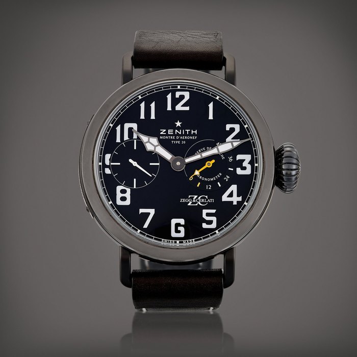Zenith Montre d'Aéronef Type 20, Reference 75.2420.5011 | An oversized limited edition DLC-coated titanium wristwatch with power reserve indication, Made in Collaboration with Zegg & Cerlati, Circa 2012 | 真力時 | Montre d'Aéronef Type 20 型號75.2420.5011 | 大型限量版DLC塗層處理鈦金屬腕錶，備動力儲備顯示，與 Zegg & Cerlati 合製，約2012年製 · 75.2420.5011