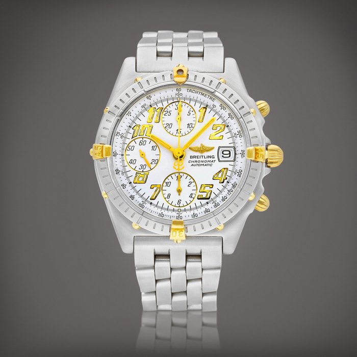 Breitling Chronomat, Reference B13050 | A yellow gold and stainless steel chronograph wristwatch with date and bracelet, Circa 2005 | 百年靈 | Chronomat 型號B13050 | 黃金及精鋼計時鏈帶腕錶，備日期顯示，約2005年製 · B13050