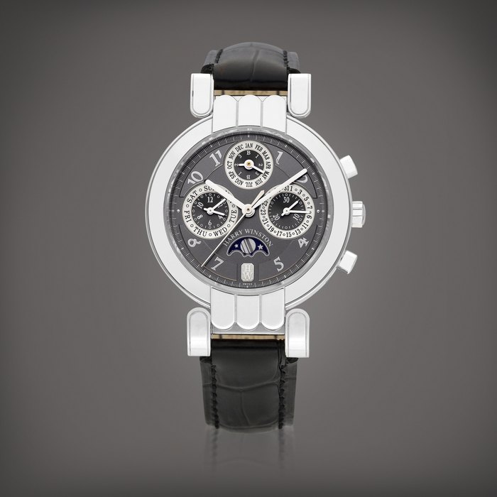 Harry Winston Ocean Perpetual Calendar Chronograph, Reference 200-MCAPC38P | A limited edition platinum perpetual calendar chronograph wristwatch with moon phases and leap year indication, Circa 1995 | 海瑞溫斯頓 | Ocean Perpetual Calendar Chronograph 型號200-MCAPC38P | 限量版鉑金萬年曆計時腕錶，備月相及閏年顯示，約1995年製 · 200-MCAPC38P