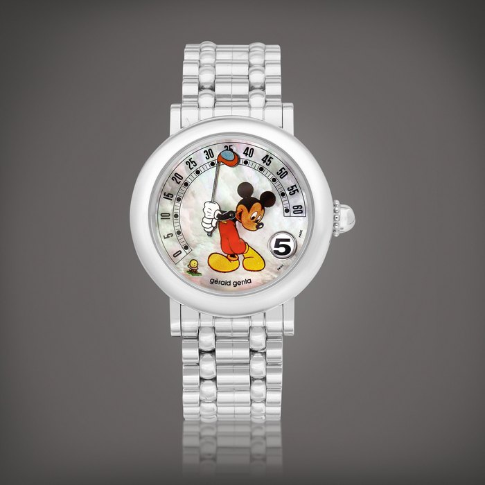 Gérald Genta Fantasy Retro Mickey Mouse, Reference G. 3632.7 | A white gold jumping hours wristwatch with retrograde minutes, mother-of-pearl dial and bracelet, Circa 2004 | Gérald Genta | Fantasy Retro Mickey Mouse 型號G. 3632.7 | 白金跳時鏈帶腕錶，備逆跳分鐘及珠母貝錶盤，約2004年製 · ERENCE