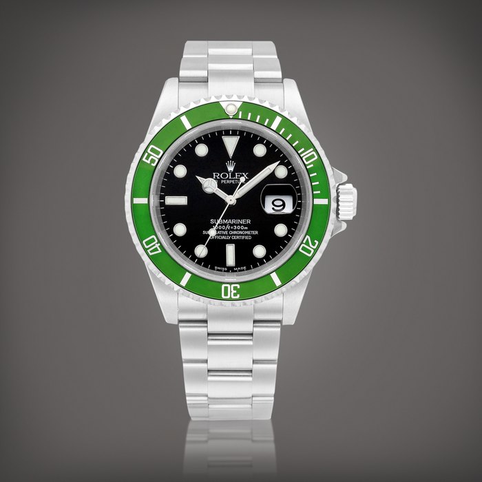 Rolex Submariner "Kermit Flat 4", Reference 16610LV | A stainless steel wristwatch with date and bracelet, Circa 2004 | 勞力士 | Submariner "Kermit Flat 4" 型號16610LV | 精鋼鏈帶腕錶，備日期顯示，約2004年製 · 16610LV