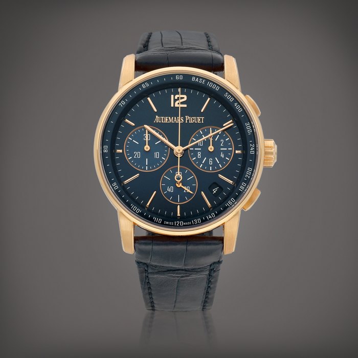 Audemars Piguet Code 11.59, Reference 26393OR.OO.A321CR.01 | A pink gold flyback chronograph wristwatch with date and blue lacquered dial, Circa 2019 | 愛彼 | Code 11.59 型號26393OR.OO.A321CR.01 | 粉紅金飛返計時腕錶，備日期顯示及藍色漆製錶盤，約2019年製 · 26393OR.OO.A321CR.01