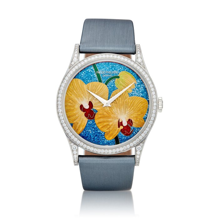 Patek Philippe Reference 5077 | A platinum and diamond-set wristwatch with cloisonné enamel dial, Circa 2012 | 百達翡麗 | 型號5077 | 鉑金鑲鑽石腕錶，備掐絲琺瑯錶盤，約2012年製 · 5077