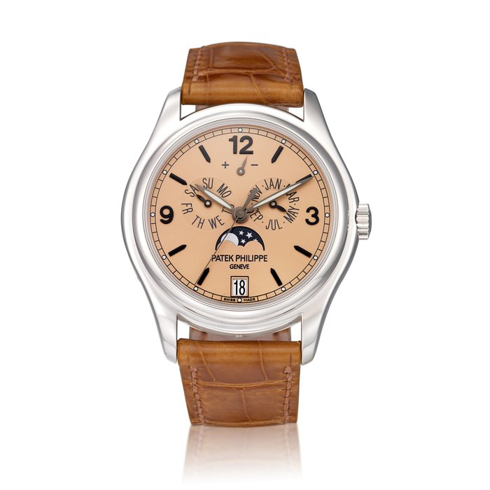 Patek Philippe Advanced Research, Reference 5450 | A limited edition platinum annual calendar wristwatch with silicon escape wheel, silinvar spiromax balance spring, moon phases, power reserve indication and salmon dial, Circa 2012 | 百達翡麗 | Advanced Research 型號5450 | 限量版鉑金年曆腕錶，備矽製擒縱齒輪、spiromax 擺輪游絲、月相、動力儲備顯示及鮭魚色錶盤，約2012年製 · 5450