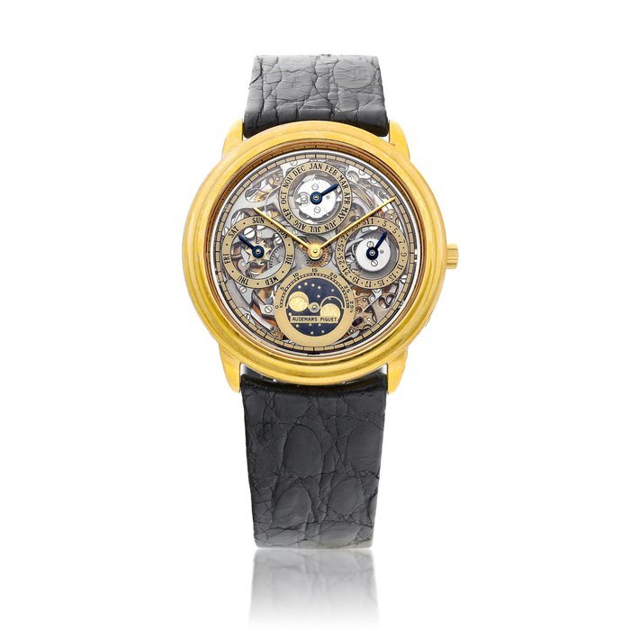 Audemars Piguet Quantieme Perpetuel Automatique, Reference BA 25668 | A yellow gold semi-skeletonised perpetual calendar wristwatch with moon phases, Circa 1980 | 愛彼 | Quantieme Perpetuel Automatique 型號BA 25668 | 黃金半鏤空萬年曆腕錶，備月相顯示，約1980年製 · ERENCE