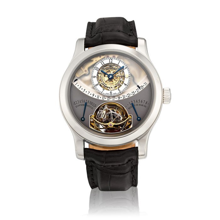 Jaeger-LeCoultre Gyrotourbillon 1, Reference 600.64.20 | A limited edition platinum semi-skeletonized perpetual calendar multi-axis spherical tourbillon wristwatch with 8 days power reserve, equation of time, retrograde date, month and leap year indication, Circa 2007 | 積家 | Gyrotourbillon 1型號600.64.20 | 限量版鉑金半鏤空萬年曆多軸球形陀飛輪腕錶，備8天動力儲備、時間等式、逆跳日期、月份及閏年顯示，約2007年製 · 600.64.20