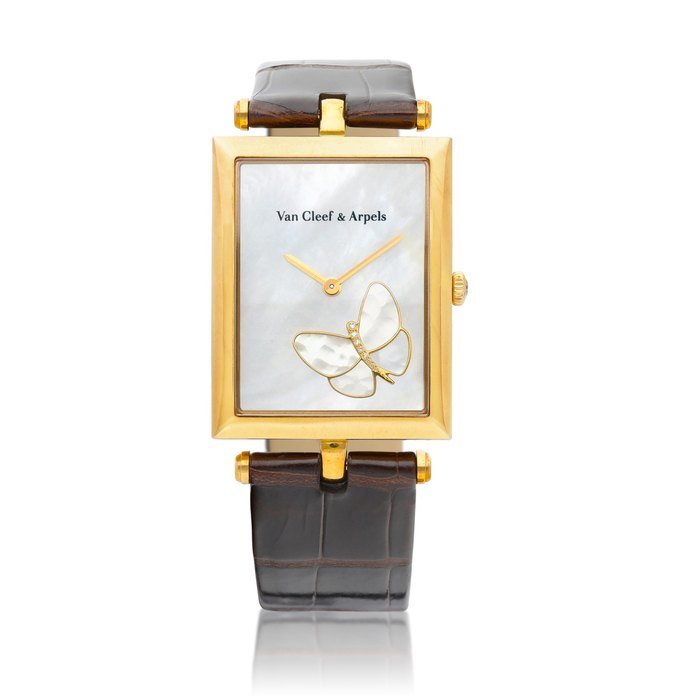 Van Cleef & Arpels Lady Arpels Papillon Rectangular | A yellow gold and diamond-set wristwatch with mother-of-pearl dial, Circa 2000 | 梵克雅寶 | Lady Arpels Papillon Rectangular | 黃金鑲鑽石腕錶，備珠母貝錶盤，約2000年製