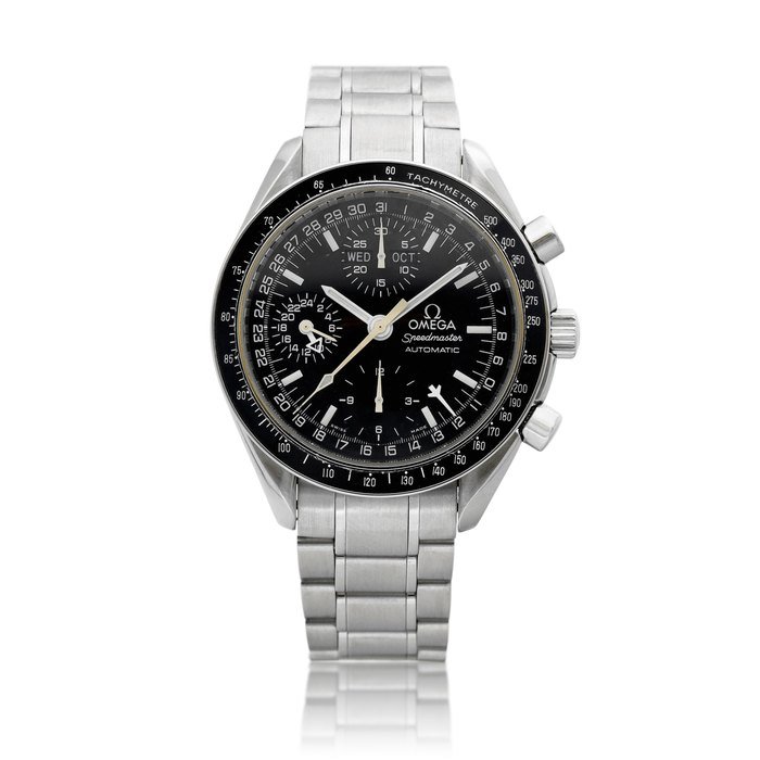Omega Speedmaster Day-Date, Reference 3520.50.00 | A stainless steel triple calendar chronograph wristwatch with 24 hours indication and bracelet, Circa 2003 " 歐米茄 | 超霸系列星期日曆 型號3520.50.00 | 精鋼全日曆計時鏈帶腕錶，備24小時顯示，約2003年製
