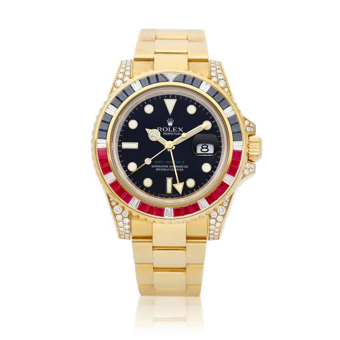 Rolex GMT-Master II, Reference 116758SARU | A yellow gold, diamond, ruby and sapphire-set dual time zone wristwatch with date and bracelet, Circa 2008 | 勞力士 | GMT-Master II 型號116758SARU | 黃金鑲鑽石、紅寶石及藍寶石兩地時間鏈帶腕錶，備日期顯示，約2008年製 · 116758SARU