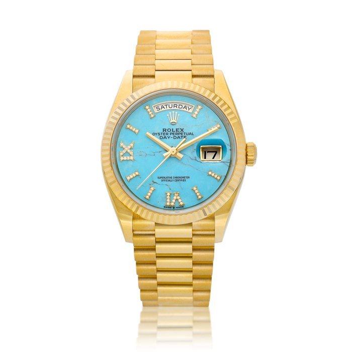 Rolex Day-Date, Reference 128238 | A yellow gold and diamond-set wristwatch with day, date, turquoise dial and bracelet, Circa 2020 | 勞力士 | Day-Date 型號128238 | 黃金鑲鑽石鏈帶腕錶，備日期、星期顯示及綠松石錶盤，約2020年製 · 128238