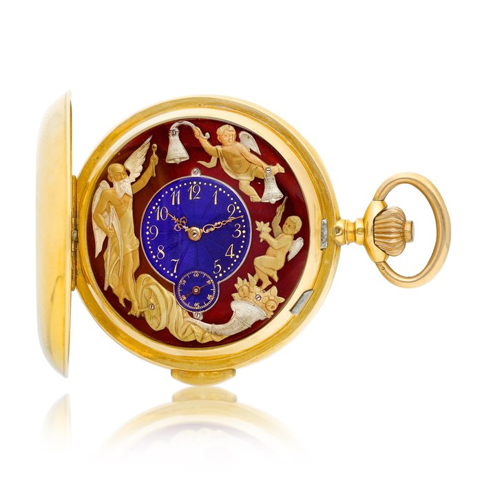 Exposition Universelle A yellow gold minute repeater hunting case watch with automaton and enamel dial, Circa 1900 | 黃金三問獵殼懷錶，備活動人偶及琺琅錶盤，約1900年製