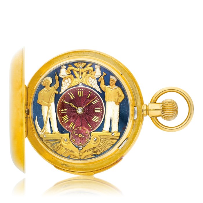 Schwob Frères & Co A yellow gold minute repeater hunting case watch with automaton, Circa 1890 | 黃金三問獵殼懷錶，備活動人偶，約1890年製