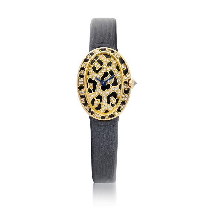 Cartier Mini Baignoire Panther Spots | A yellow gold, black enamel and diamond-set wristwatch, Circa 2005 | 卡地亞 | Mini Baignoire Panther Spots | 黃金鑲黑色琺瑯及鑽石腕錶，約2005年製