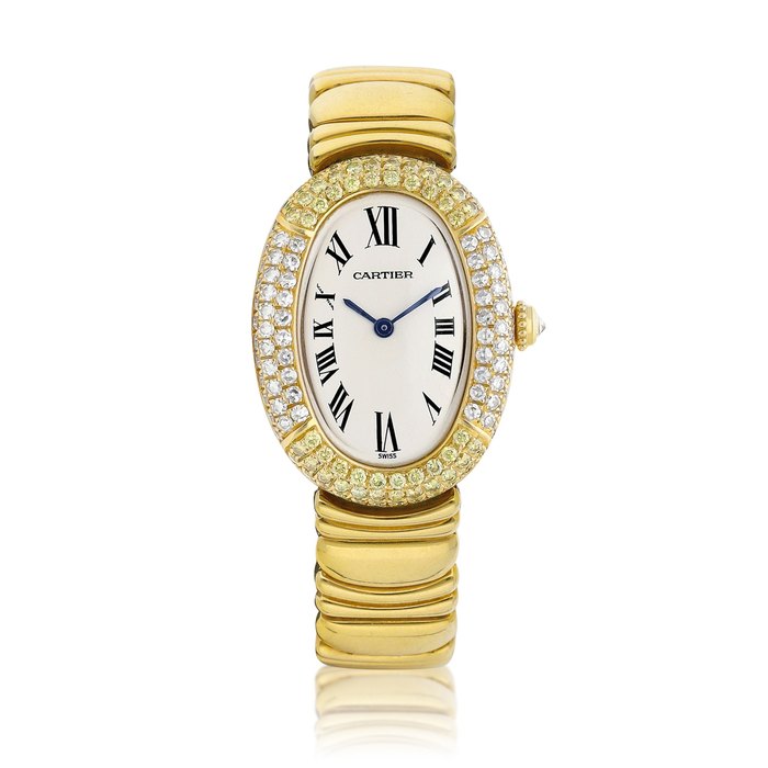 Cartier Baignoire, Reference 8057912 | A yellow gold and diamond-set wristwatch with bracelet, Circa 1991 | 卡地亞 | Baignoire 型號8057912 | 黃金鑲鑽石鏈帶腕錶，約1991年製 · 8057912