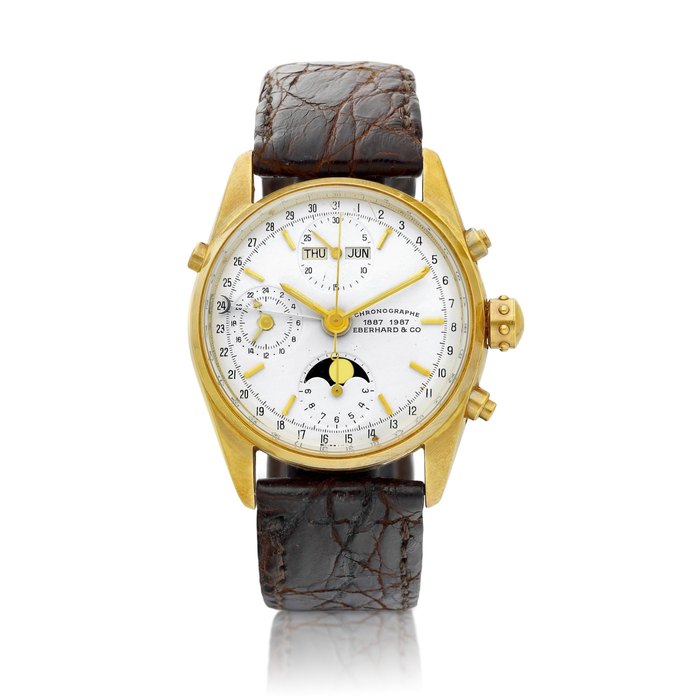 Eberhard & Co Navy Master | A yellow gold triple calendar chronograph wristwatch with moon phases, Circa 1987 | Navy Master | 黃金全日曆計時腕錶，備月相顯示，約1987年製