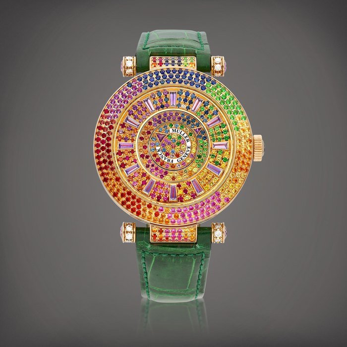 Franck Muller Double Mystery Quatre Saisons, Reference DM 42 QTR SAI D 3R CD | A pink gold, diamond and multi-coloured gem-set wristwatch, Circa 2015 | Double Mystery Quatre Saisons 型號DM 42 QTR SAI D 3R CD | 粉紅金鑲鑽石及多彩寶石腕錶，約2015年製 · ERENCE