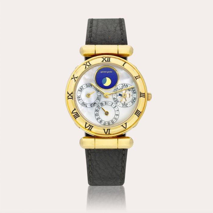 Gérald Genta Reference G2994.7 | A yellow gold perpetual calendar wristwatch with moon phases, leap year indication and mother-of-pearl dial, Circa 1985 | 型號G2994.7 | 黃金萬年曆腕錶，備月相，閏年顯示及珠貝母錶盤，約1985年製 · G2994.7