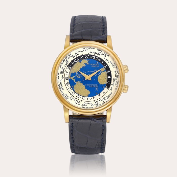 Andersen Geneve World Time, Christopher Columbus 500th Anniversary | A limited edition yellow gold world time wristwatch, Circa 1992 | World Time, Christopher Columbus 500週年 | 限量版黃金世界時間腕錶，約1992年製