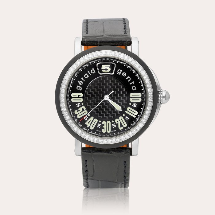 Gérald Genta Retro Sport, Reference G.3694  A stainless steel and diamond-set jumping hour wristwatch with retrograde minutes, Circa 2005 | Retro Sport 型號G.3694 | 精鋼鑲鑽石跳時腕錶，備逆跳分鐘，約2005年製 · G.3694