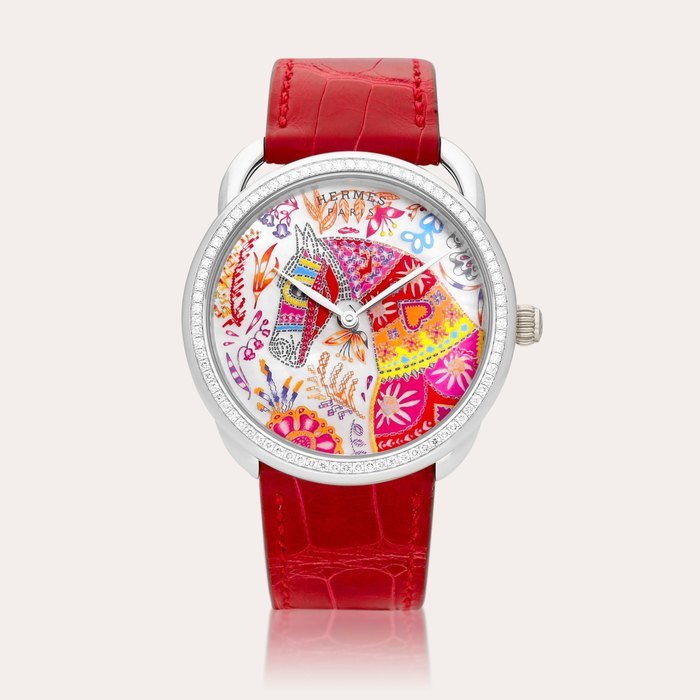 Hermès Arceau, Reference AR8.591a | A limited edition white gold and diamond-set wristwatch with hand-painted mother-of-pearl dial, Circa 2022 | 愛馬仕 | Arceau 型號AR8.591a | 限量版白金鑲鑽石腕錶，備手繪珠母貝錶盤，約2022年製 · AR8.591A