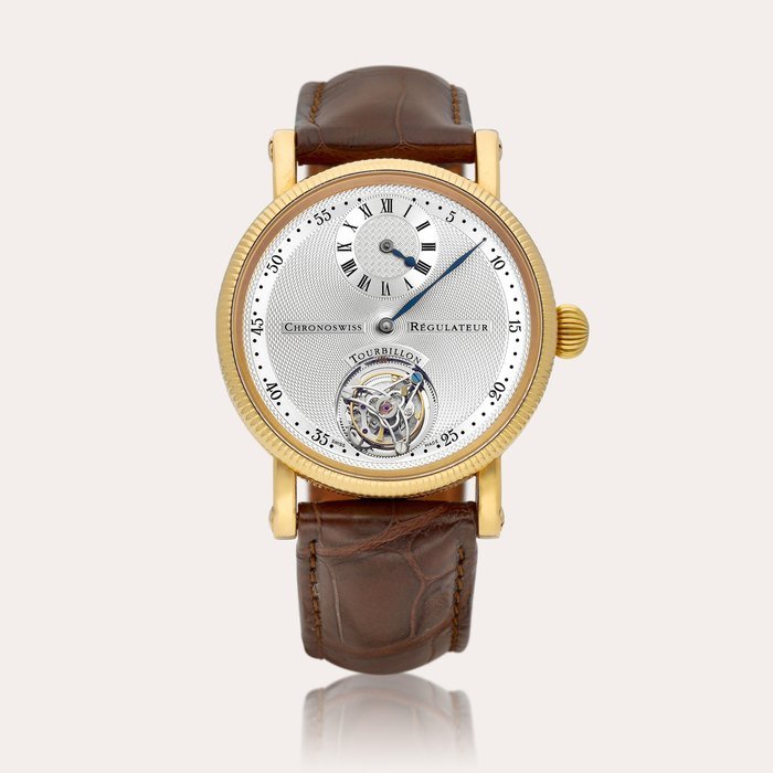 Chronoswiss Régulateur à Tourbillon, Reference CH 3121 R  A pink gold tourbillon wristwatch with regulator dial, Circa 2000 | Régulateur à Tourbillon 型號CH 3121 R | 粉紅金陀飛輪腕錶備規範指針錶盤，約2000年製 · ERENCE