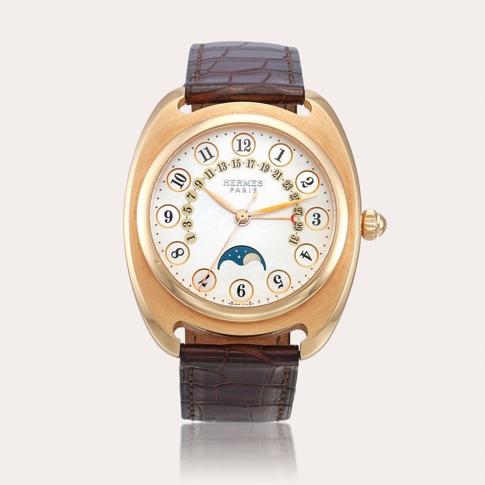 Hermès Dressage II, Reference DR2.770 | A limited edition pink gold wristwatch with moon phases, retrograde date and mother-of-pearl dial, Circa 2005 | 愛馬仕 | Dressage II 型號DR2.770 | 限量版粉紅金腕錶，備月相、逆跳日期及珠母貝錶盤，約2005年製 · DR2.770