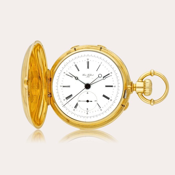 Henri Berthoud A yellow gold hunting-cased two train keyless lever watch with split seconds chronograph and jump quarter seconds, Circa 1890 | 黃金雙傳動追針計時獵殼懷錶，備四分之一跳秒，約1890年製