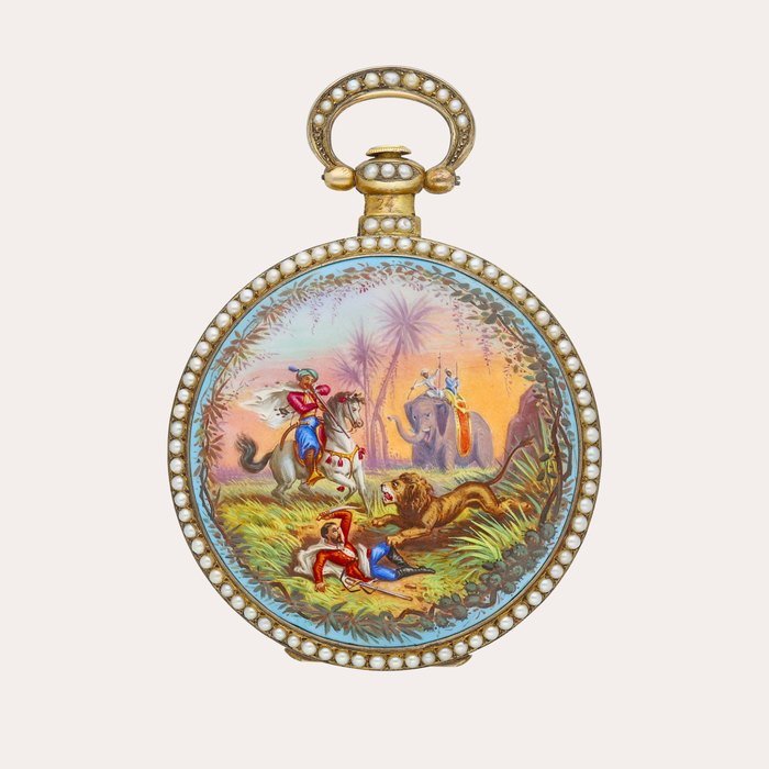 Bovet "Lion Hunt" | A gilt metal and pearl-set openface watch with enamel painting, Made for the Chinese market, Circa 1860 | 播威 | "獵獅" | 鍍金鑲珍珠懷錶，備微繪琺琅，為中國市場而製，約1860年製