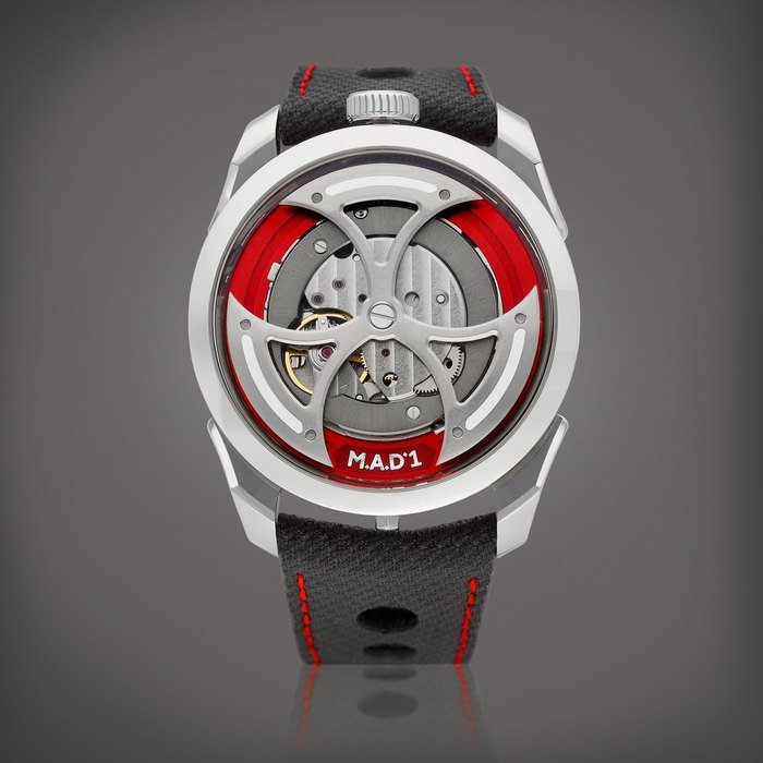 M.A.D.Editions M.A.D.1 RED | A brand new stainless steel semi-skeletonised wristwatch with lateral time display and triple-blade winding rotor, Made in collaboration with MB&F, Circa 2022 | M.A.D.1 RED | 全新精鋼半鏤空腕錶，備橫向時間顯示及三葉擺陀，與 MB&F 合製，約2022年製