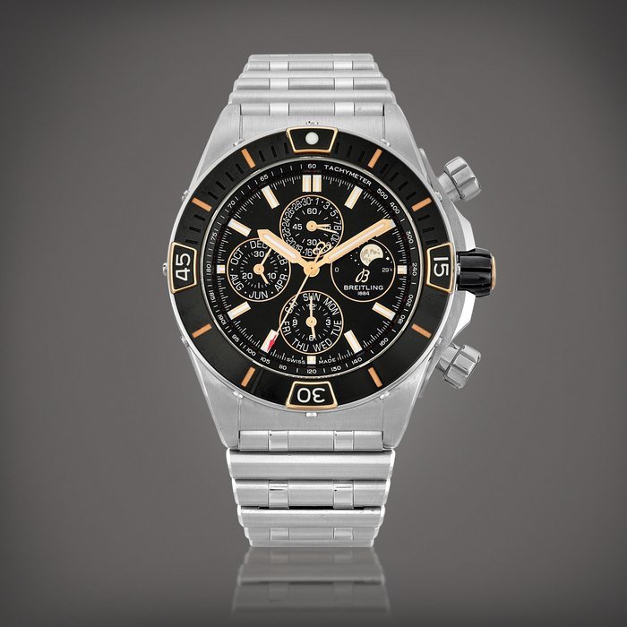 Breitling Super Chronomat 44 Four-Year Calendar, Reference I19320 | A stainless steel annual calendar chronograph wristwatch with moon phases, Circa 2020 | 百年靈 | Super Chronomat 44 Four-Year Calendar 型號I19320 | 精鋼年曆計時腕錶，備月相顯示，約2020年製 · I19320