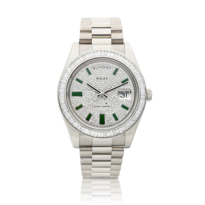Rolex Day-Date, Reference 218399 | A white gold and diamond-set wristwatch with day, date and bracelet, Circa 2012 | 勞力士 | Day-Date 型號218399 | 白金鑲鑽石鏈帶腕錶，備日期及星期顯示，約2012年製 · 218399