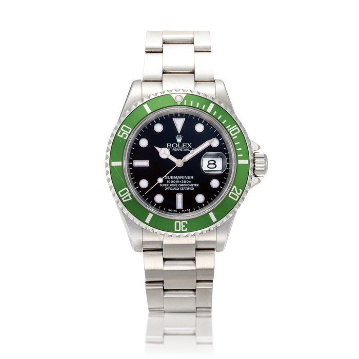 Rolex Submariner "Kermit Flat 4", Reference 16610T | A stainless steel wristwatch with date and bracelet, Circa 2004 | 勞力士 | Submariner "Kermit Flat 4" 型號16610T | 精鋼鏈帶腕錶，備日期顯示，約2004年製 · 16610T