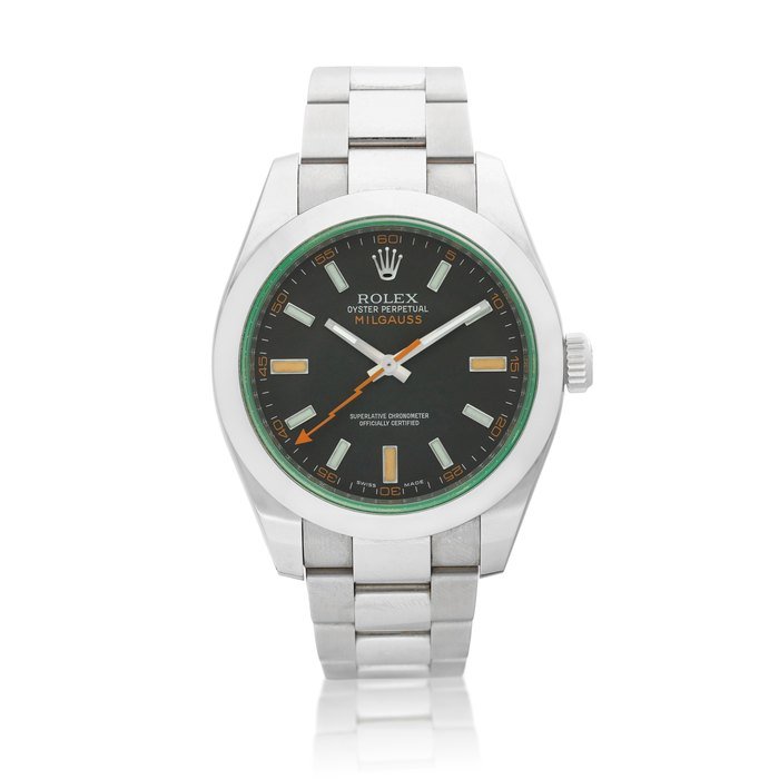 Rolex Milgauss, Reference 116400GV | A stainless steel anti-magnetic wristwatch with green sapphire crystal and bracelet, Circa 2011 | 勞力士 | Milgauss 型號116400GV | 精鋼防磁鏈帶腕錶，備備綠水晶鏡面，約2011年製 · 116400GV