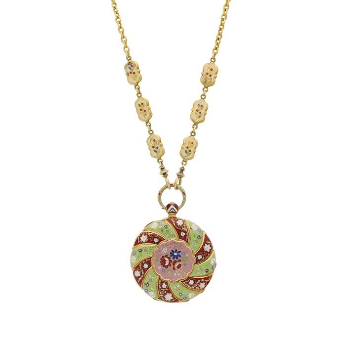 Maniglier A yellow gold and enamel open face pocket watch with matching chain, Circa 1830 | 黃金鑲琺瑯懷錶，備鏈帶，約1830年製