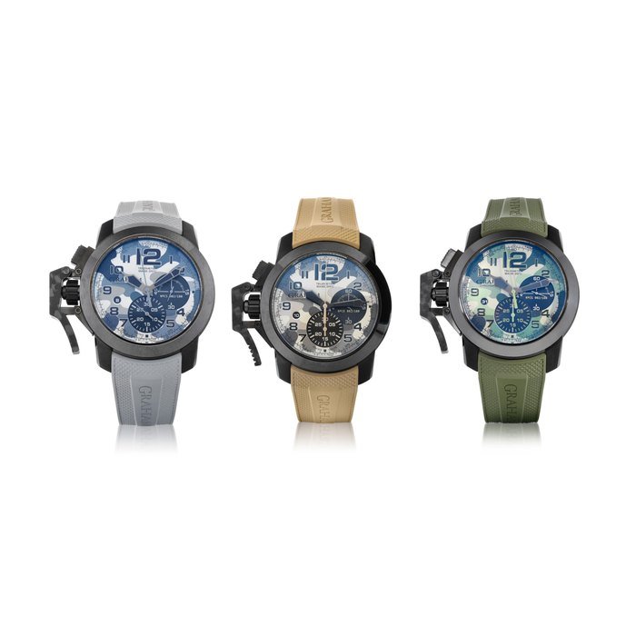 Graham Graham | Black Arrow Trilogy, Reference 2CCAU KIT-0013A, A set of three limited edition PVD-coated stainless steel chronograph wristwatches with date, Circa 2014 | Black Arrow Trilogy 型號2CCAU KIT-0013A 一套三件限量版PVD塗層處理精鋼計時腕錶，備日期顯示，約2014年製 · 2CCAU
