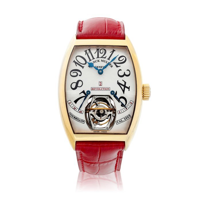 Franck Muller Revolution 2, A yellow gold three dimensional dual axis tourbillon wristwatch with retrograde seconds and eight minute cage rotation display, Circa 2003 | 黃金三維雙軸陀飛輪腕錶，備逆跳秒及八分鐘陀飛輪轉動顯示，約2003年製