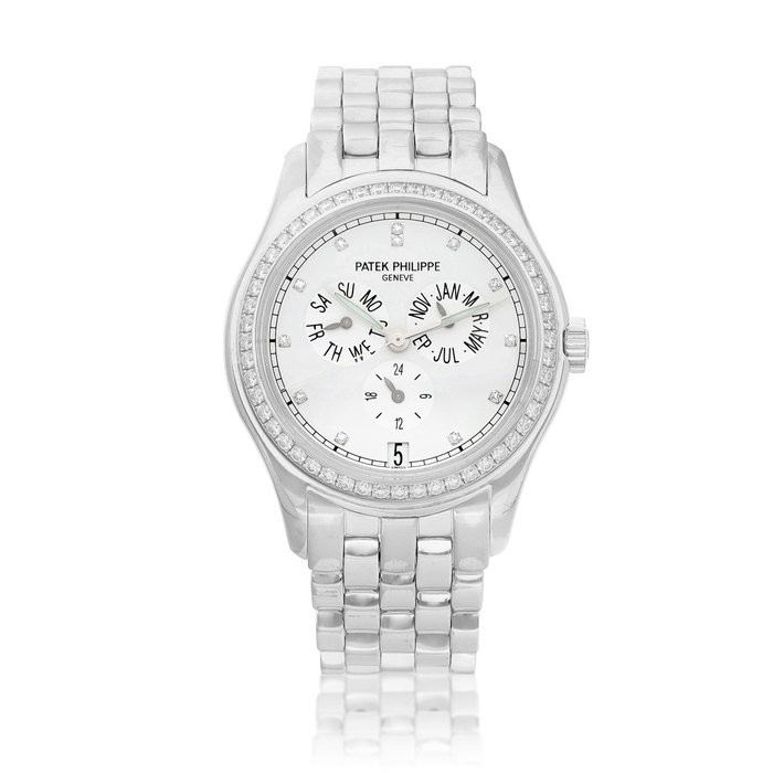 Patek Philippe Reference 5037, A white gold and diamond-set annual calendar wristwatch with date, 24 hours indication and bracelet, Made in 2002 | 百達翡麗 型號5037 白金鑲鑽石年曆鏈帶腕錶，備日期及24小時顯示，2002年製 · 5037