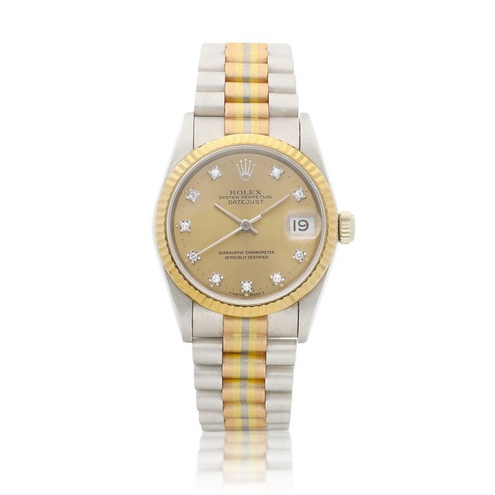 Rolex Tridor DateJust, Reference 68279B, A three colour gold and diamond-set wristwatch with date and bracelet, Circa 1989 | 勞力士 Tridor DateJust 型號68279B 三色金鑲鑽石鏈帶腕錶，備日期顯示，約1989年製 · 68279B