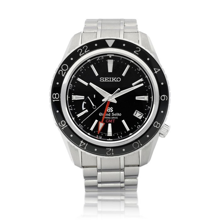 Grand Seiko Sport Collection, Reference SBGE001, A stainless steel dual time zone wristwatch with spring drive movement, date, power reserve indication and bracelet, Circa 2008 Sport Collection | 型號SBGE001 精鋼兩地時間鏈帶腕錶，備spring drive機芯、日期及動力儲備顯示，約2008年製 · SBGE001