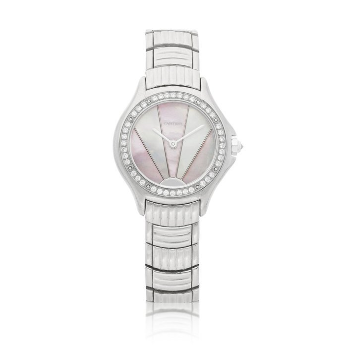 Cartier Santos Cougar, A white gold and diamond-set wristwatch with bracelet and mother-of-pearl dial, Circa 1995 |  卡地亞 Santos Cougar 白金鑲鑽石鏈帶腕錶，備珠母貝錶盤，約1995年製