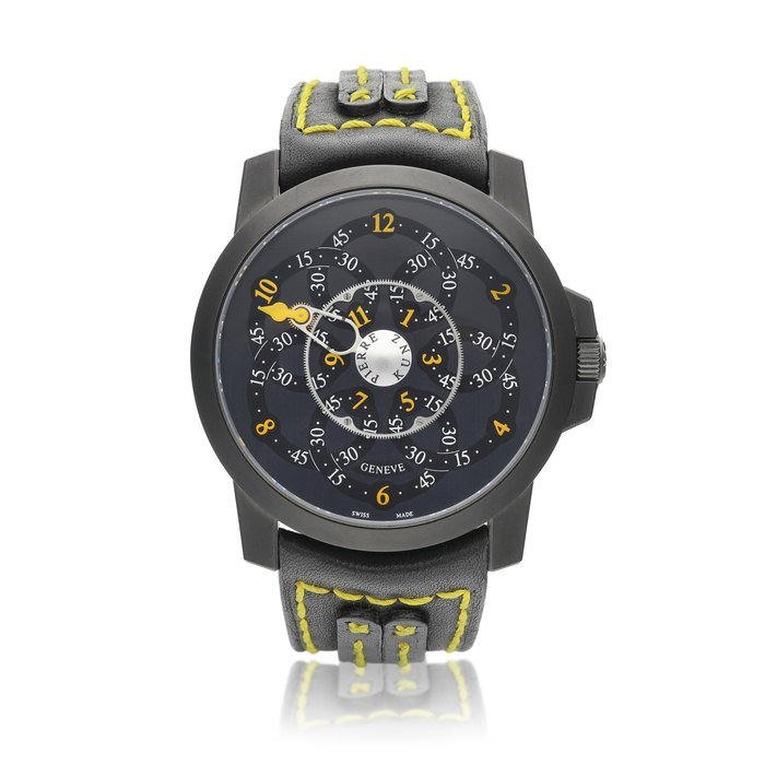 Pierre Kunz Infinity Looping Sport, Reference G019, A blackened stainless steel wristwatch with minute virevoltante time display, Circa 2005 Infinity Looping Sport | 型號G019 黑色精鋼腕錶，備迴轉時刻顯示，約2005年製 · G019
