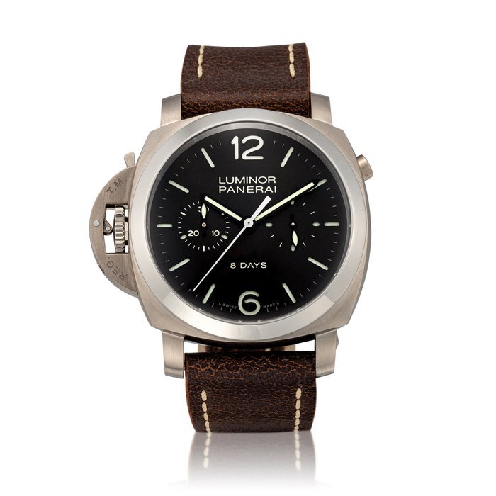 Panerai Luminor 1950, Reference PAM 345, A limited edition left-handed titanium mono pusher chronograph wristwatch with power reserve indication, Circa 2011 | 沛納海 Luminor 1950 型號PAM345 限量版鈦金屬單按鈕計時腕錶，備動力儲備顯示，約2011年製 · PAM