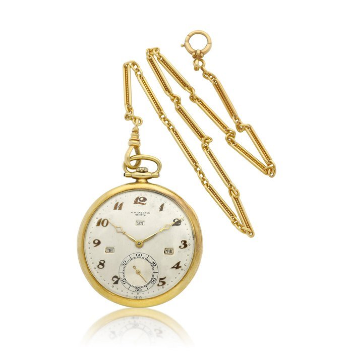 H.R. Ekegren A yellow gold open face triple calendar keyless watch with matching chain, Circa 1935 | 黃金全日曆懷錶，備鏈帶，約1935年製