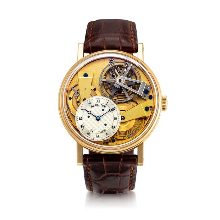Breguet Breguet | La Tradition, Reference 7047, A yellow gold semi-skeletonised tourbillon wristwatch with chain and fusée, silicon balance spring and power reserve indication, Circa 2012 | 寶璣 | La Tradition 型號7047 黃金半鏤空陀飛輪腕錶，備芝麻鏈、矽質擺輪及動力儲備顯示，約2012年製 · 7047
