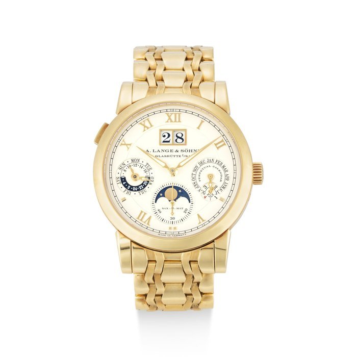 A. Lange & Söhne A. Lange & Söhne | Sax-O-Mat Langematik Perpetual, Reference 310.221E, A yellow gold perpetual calendar wristwatch with moon phases, 24 hours, leap year indication, zero-reset mechanism and bracelet, Circa 2004 | 朗格 |  Sax-O-Mat Langematik Perpetual 型號310.221E   黃金萬年曆鏈帶腕錶，備月相、24小時、閏年顯示及歸零系統，約2004年製 · 310.221E