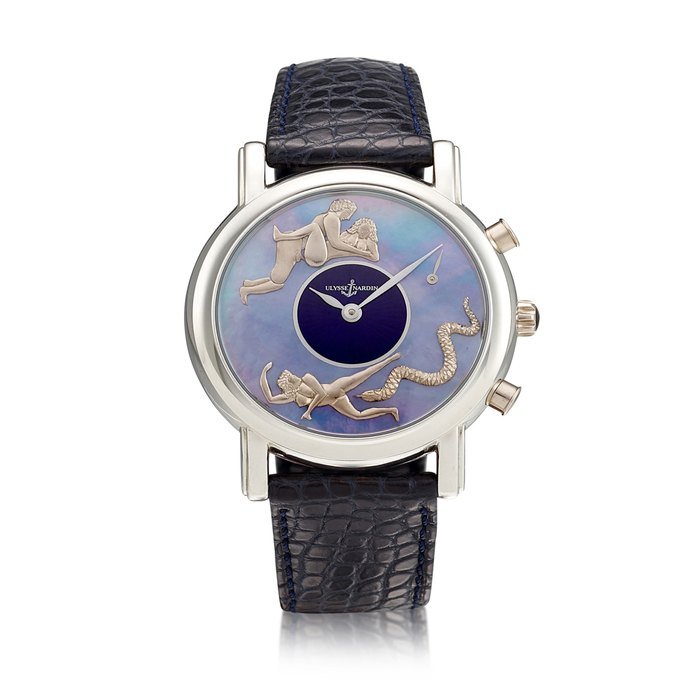 Ulysse Nardin Ulysse Nardin | San Marco, Reference 769-20, A platinum hour repeating and half hour striking wristwatch with erotic automaton and mother-of-pearl dial, Circa 1998 | 雅典 | San Marco 型號769-20   鉑金單問及半小時報時腕錶，備春宮活動人偶及珠母貝錶盤，約1998年製 · 769-20