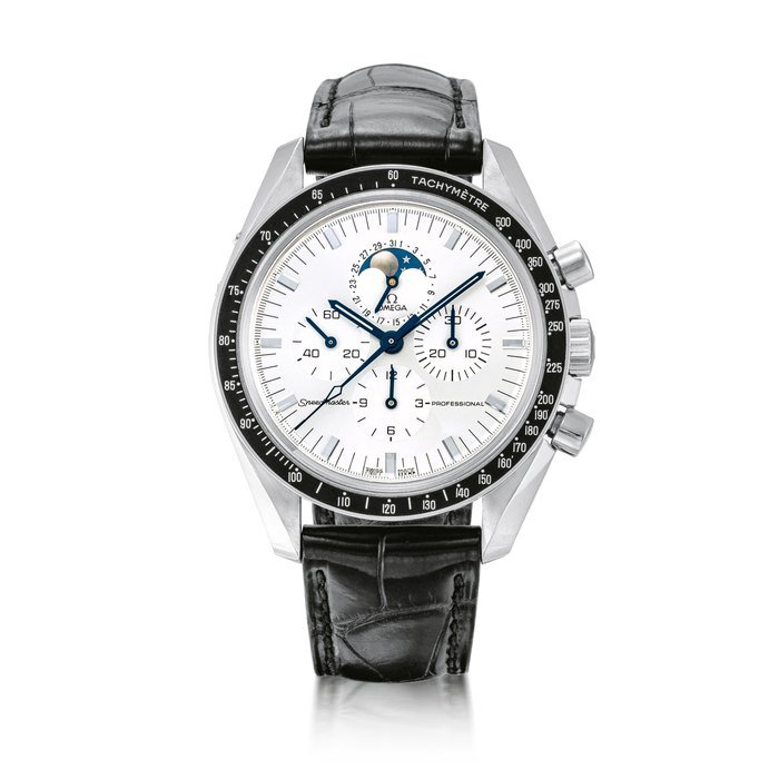 Omega Omega | Speedmaster Moon Phase, Reference 36893031, A white gold chronograph wristwatch with moon phases and date, Circa 2000 | 歐米茄 | 超霸系列月相盈虧 型號36893031   白金計時腕錶，備月相及日期顯示，約2000年製 · 36893031